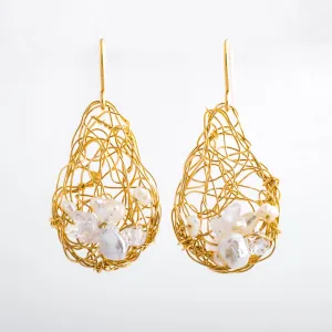 Spun Teardrop Earrings with Keishi Pearls and Quartz