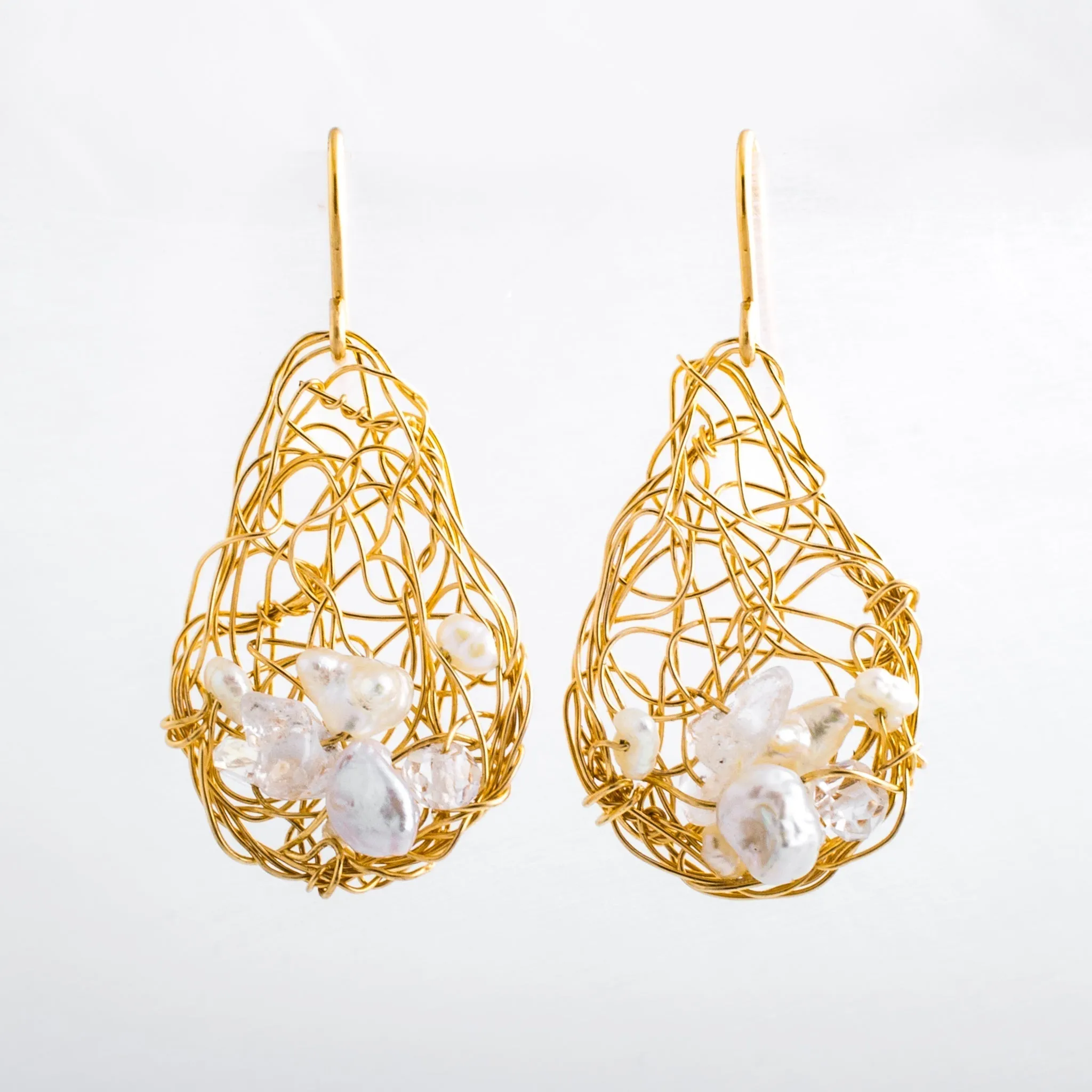 Spun Teardrop Earrings with Keishi Pearls and Quartz