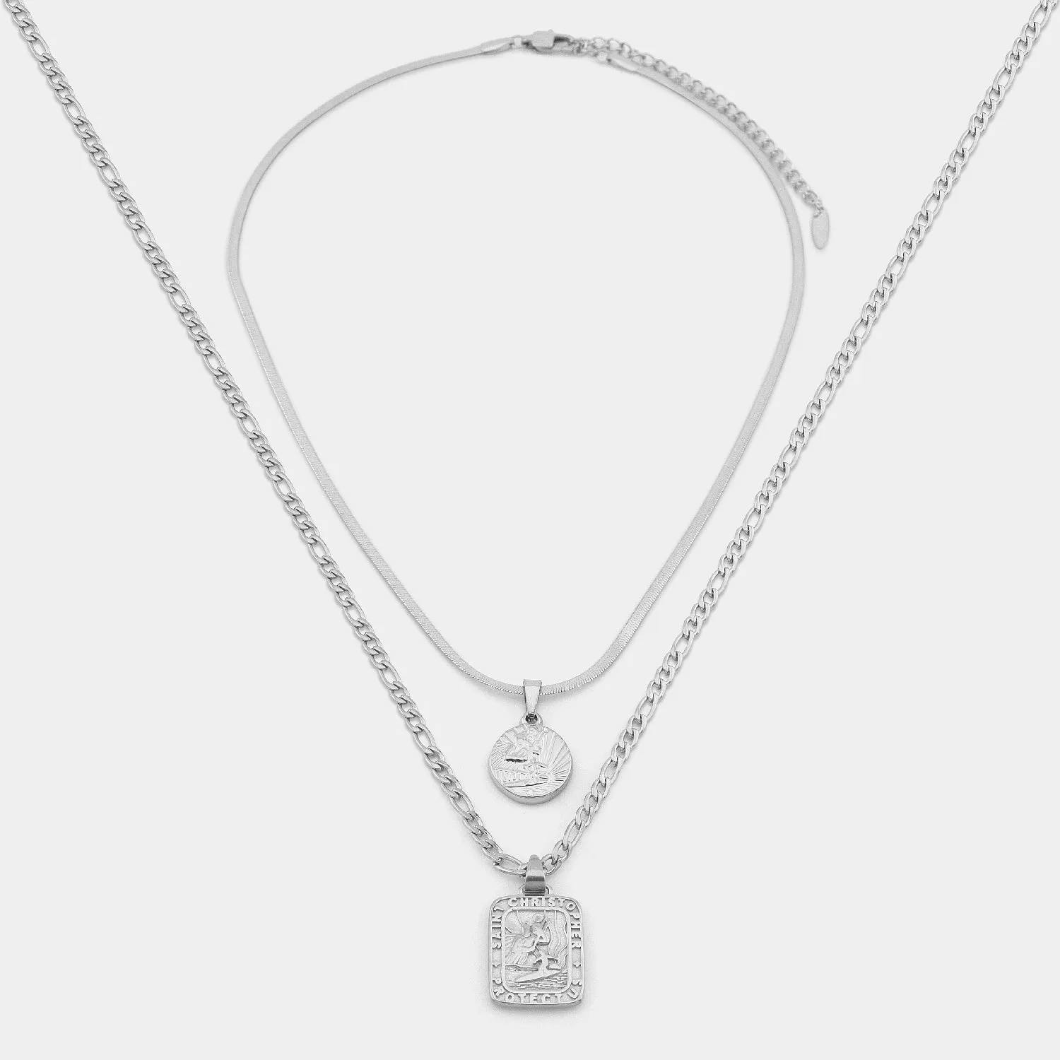 St. Christopher Traveler / Herringbone Stack - Silver