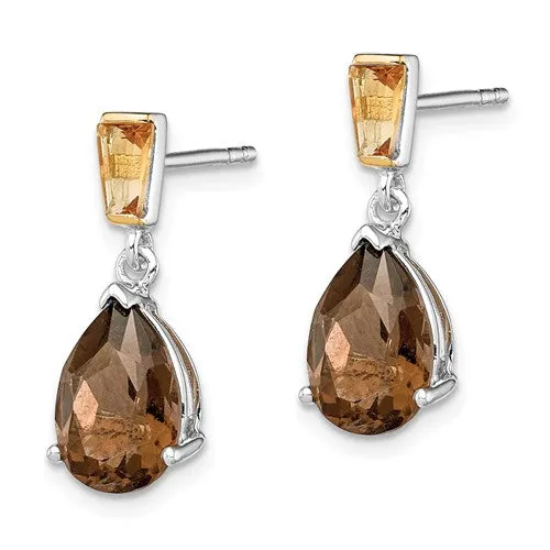 Sterling Silver And 14K Yellow Gold Smoky Quartz Pear And Citrine Earrings