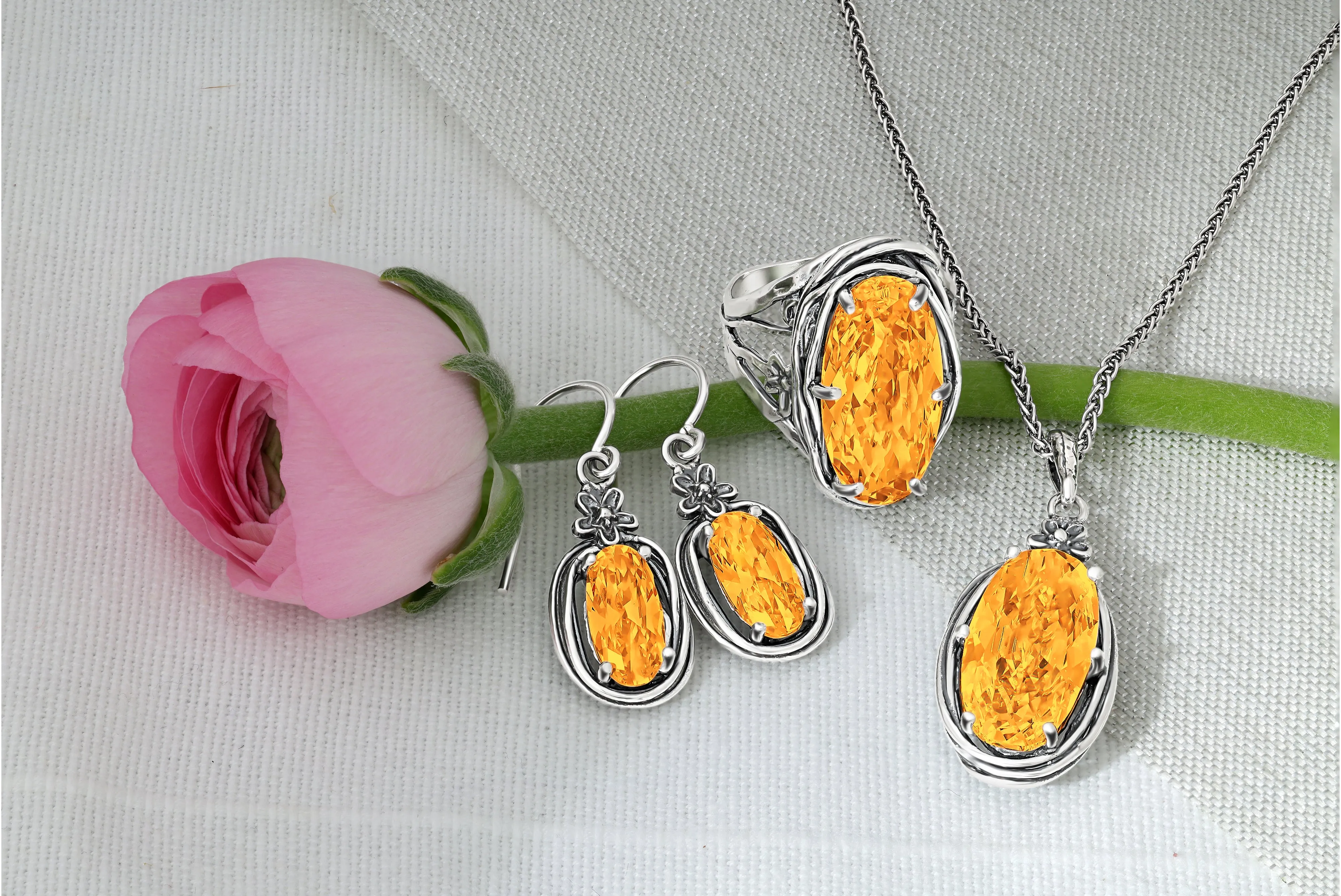 Sterling Silver Citrine CZ Floral Wire Wrap Necklace