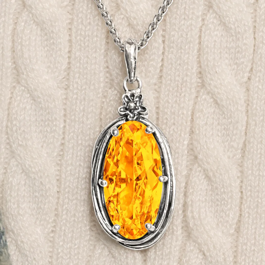 Sterling Silver Citrine CZ Floral Wire Wrap Necklace