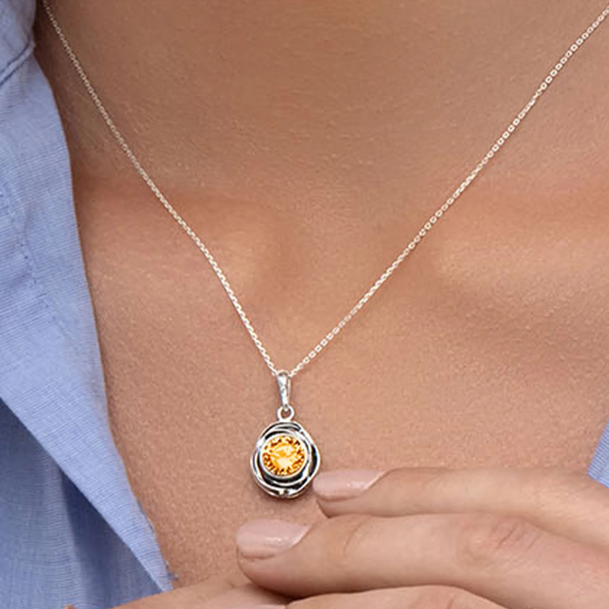 Sterling Silver Citrine CZ Pendant Necklace