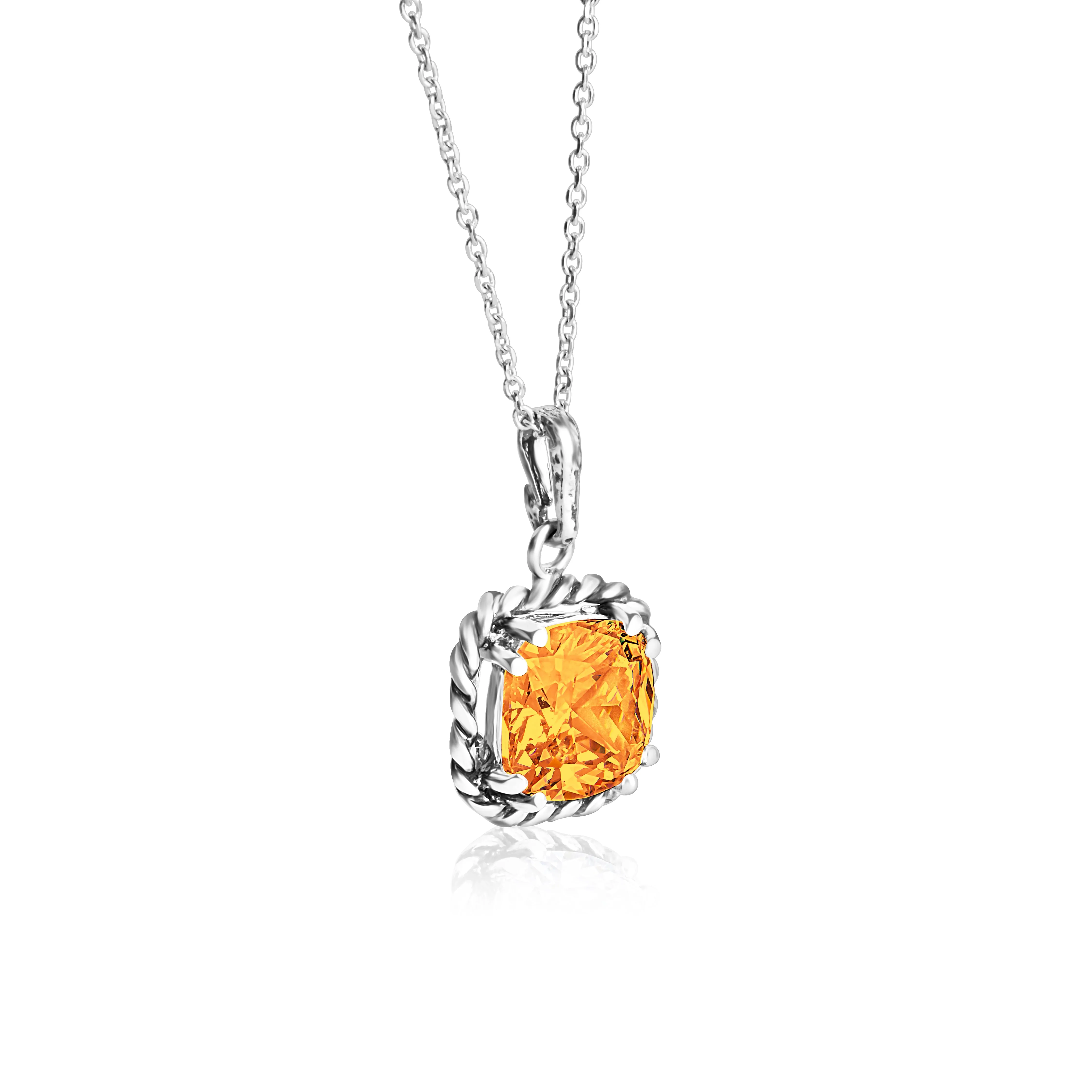Sterling Silver Citrine CZ Rope Pendant Necklace