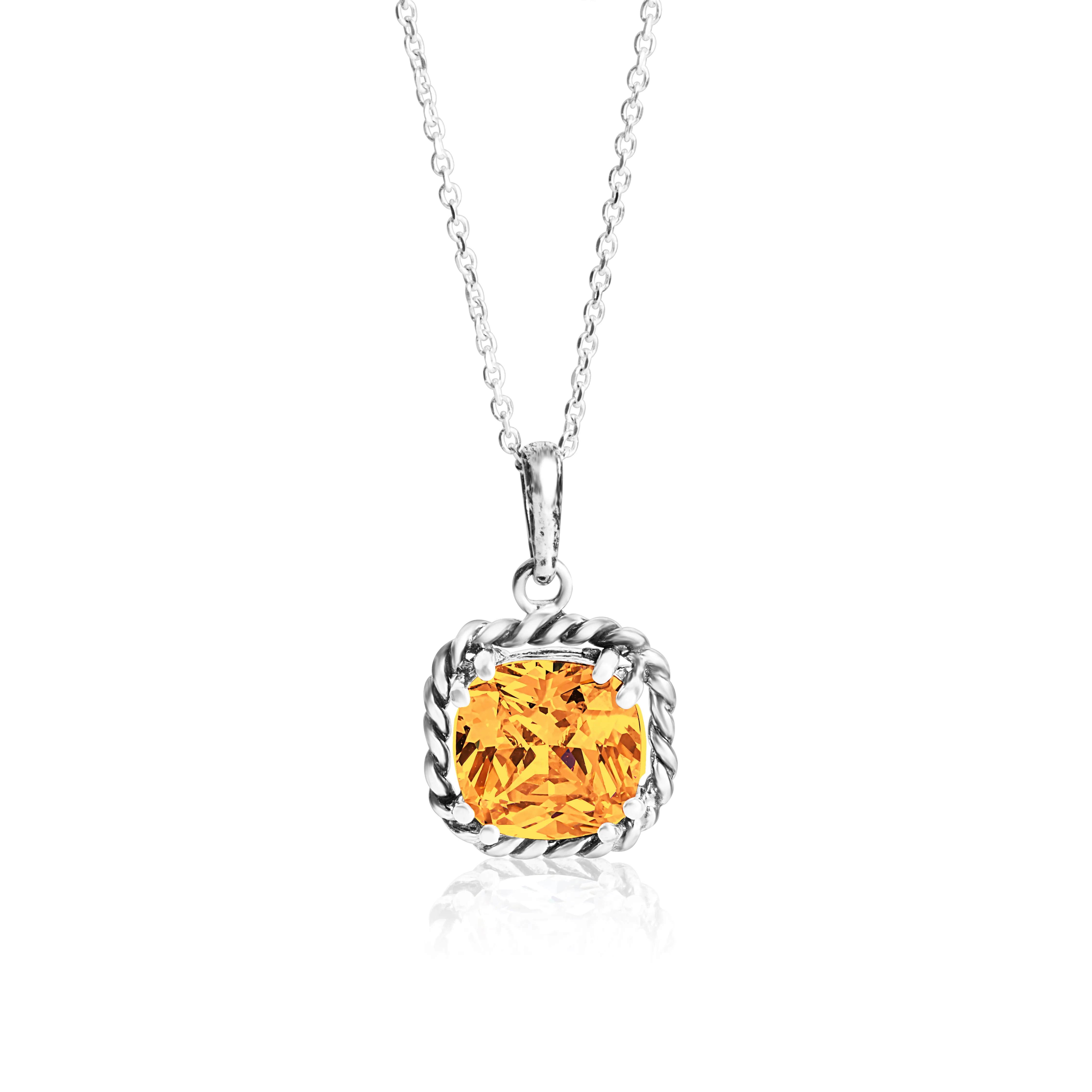 Sterling Silver Citrine CZ Rope Pendant Necklace