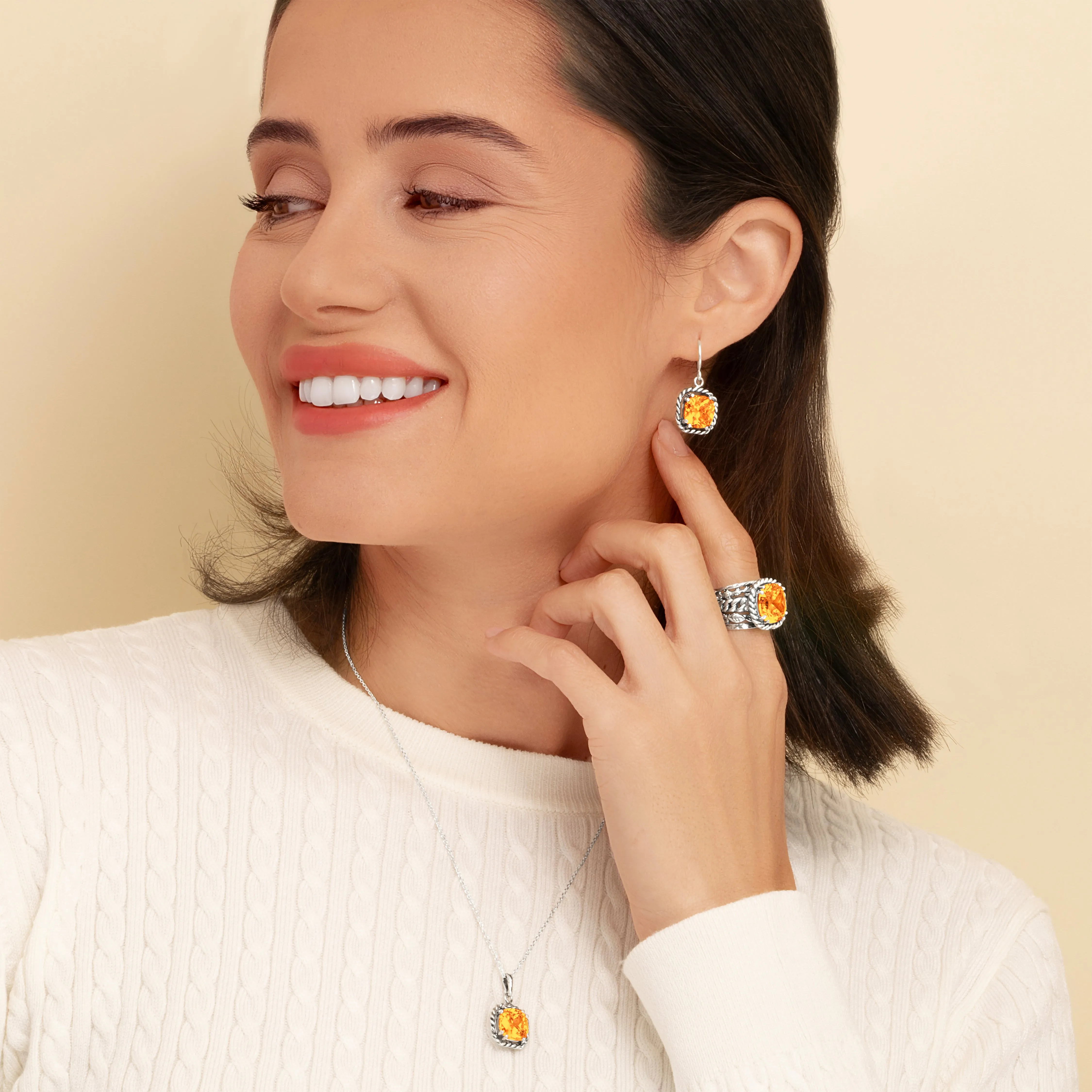 Sterling Silver Citrine CZ Rope Pendant Necklace