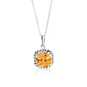 Sterling Silver Citrine CZ Rope Pendant Necklace