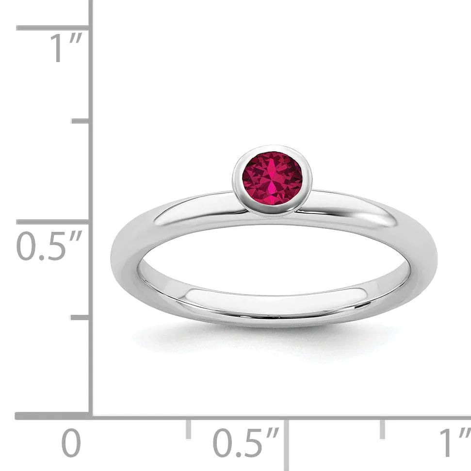 Sterling Silver High 4MM Round Created Ruby Ring