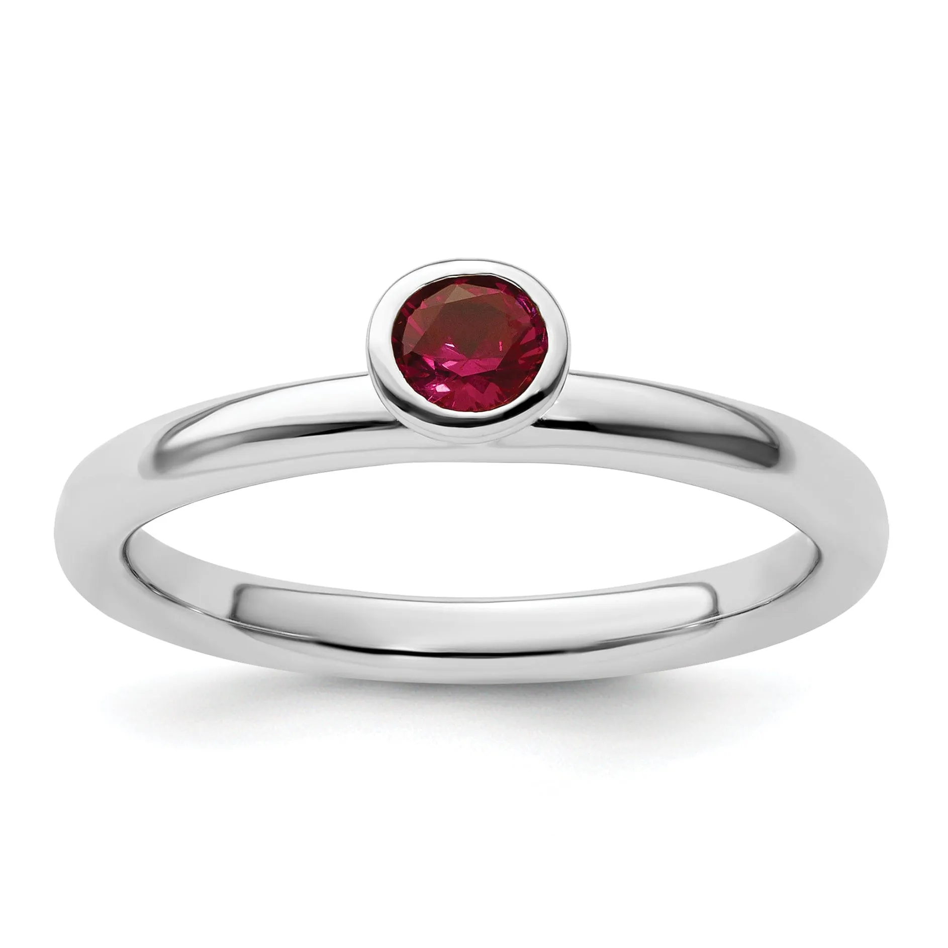 Sterling Silver High 4MM Round Created Ruby Ring
