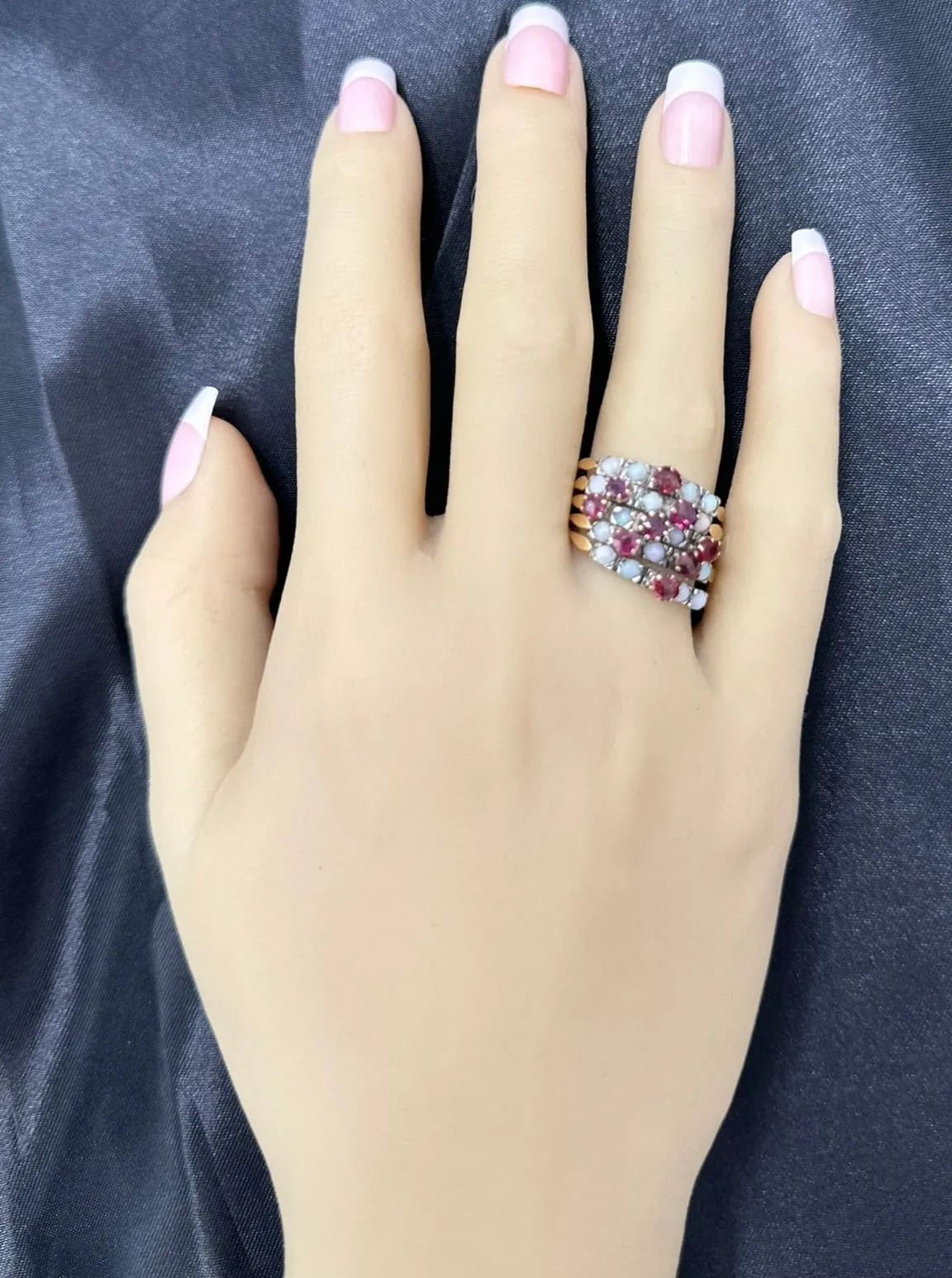 Symphony of Colours - 9ct Yellow Gold & Silver 25 stone Ruby & Opal 5 Ring Set