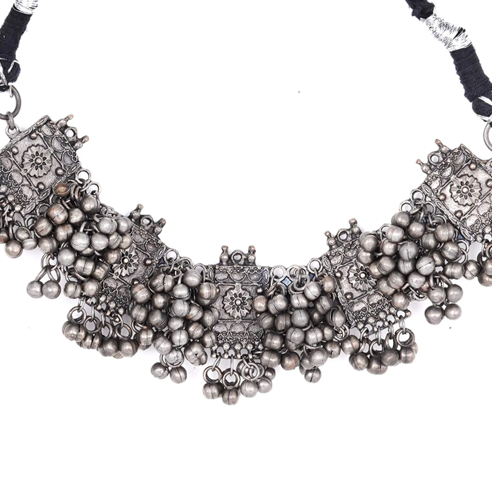 TEEJH Shrika Antique Silver Polish Choker Necklace For Women