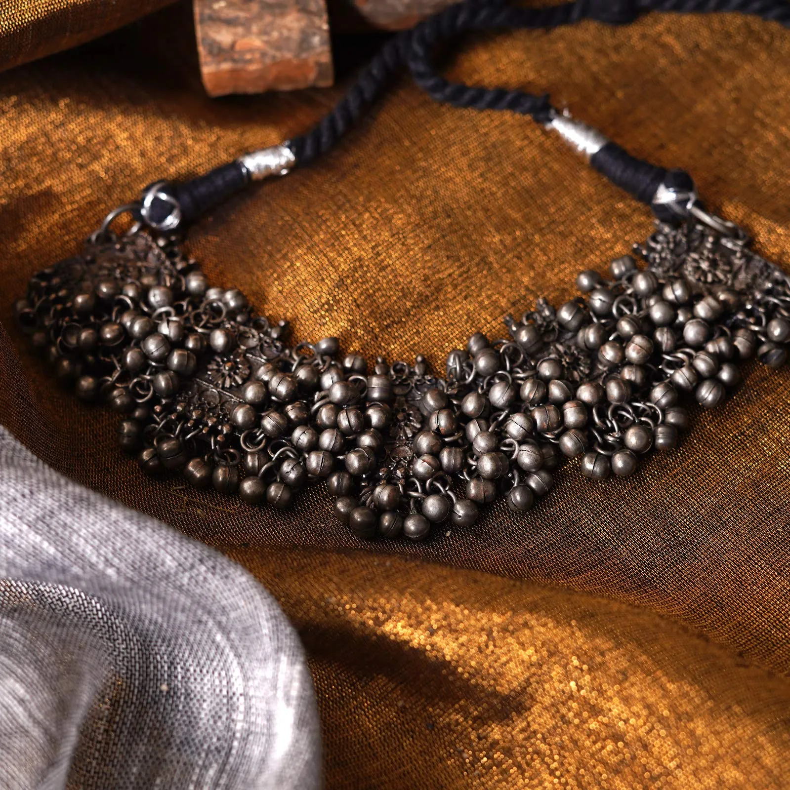TEEJH Shrika Antique Silver Polish Choker Necklace For Women