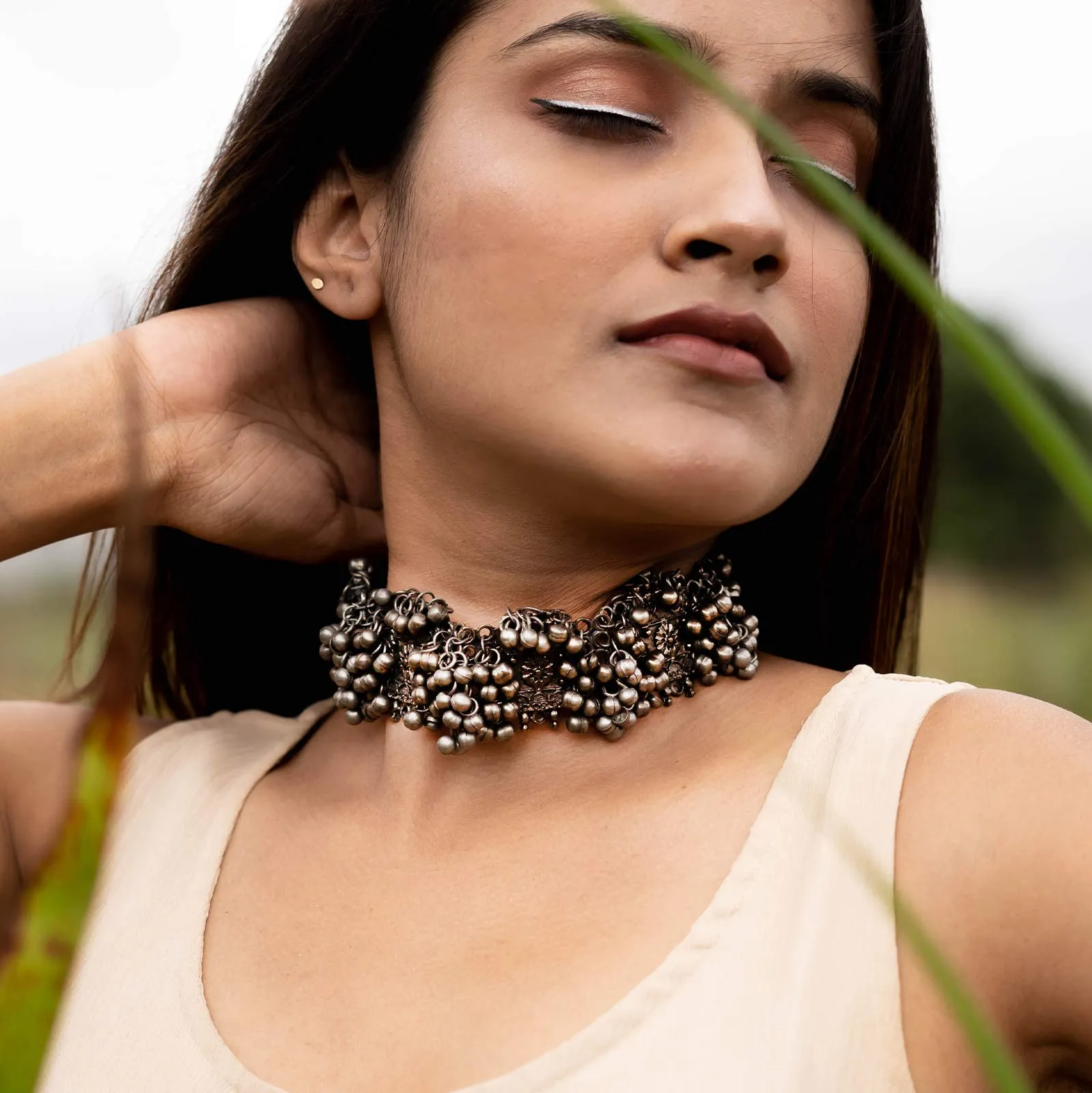 TEEJH Shrika Antique Silver Polish Choker Necklace For Women
