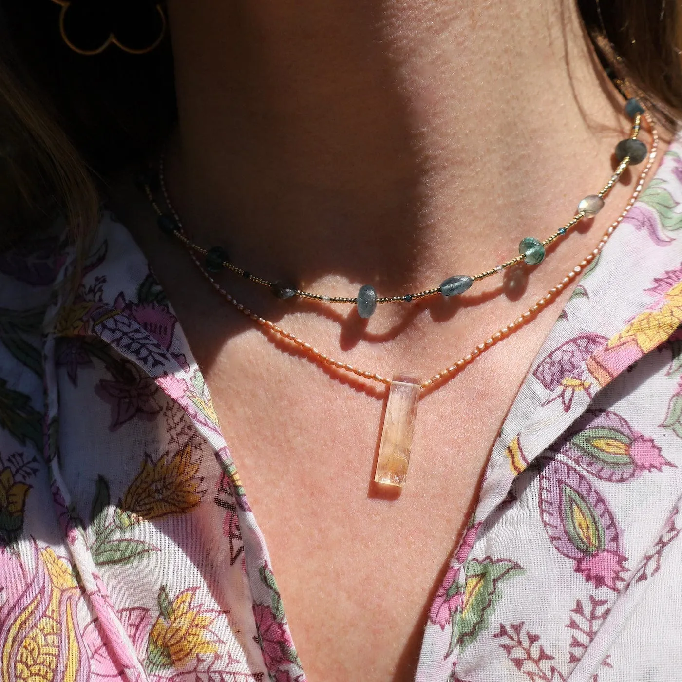 Tiny Champagne Pearls with Citrine Tab Necklace