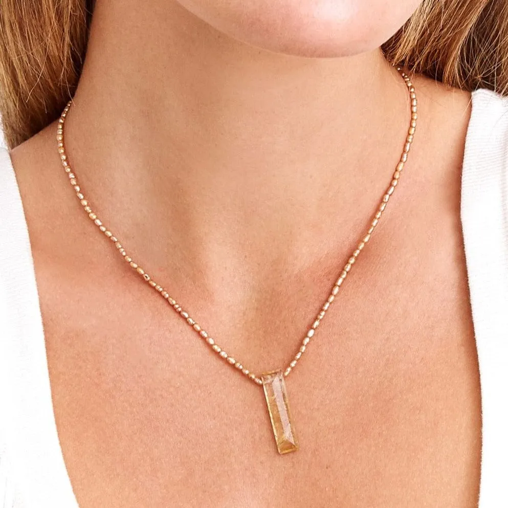 Tiny Champagne Pearls with Citrine Tab Necklace