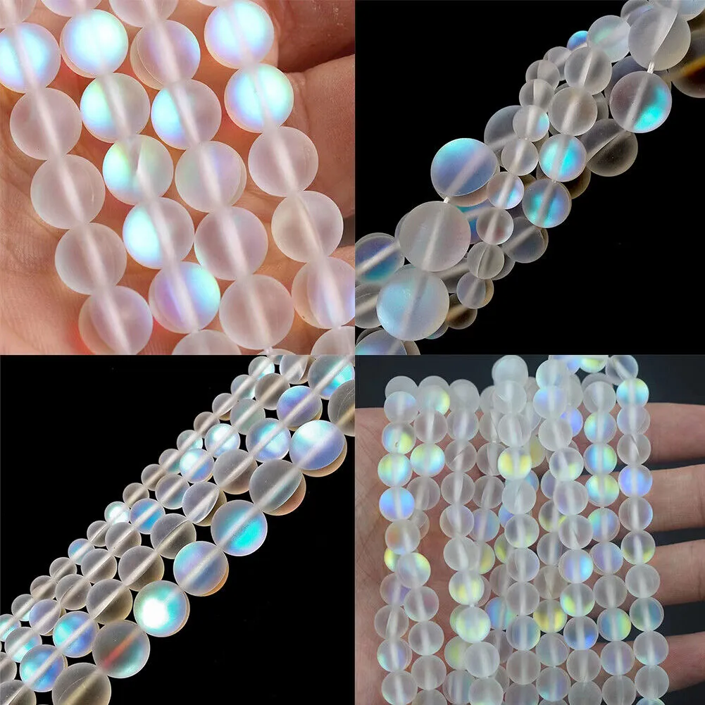 US 1-2 Pc Clear Mystic Mermaid Glass Matte Round Beads 6mm 8mm 10mm 15.5" Strand