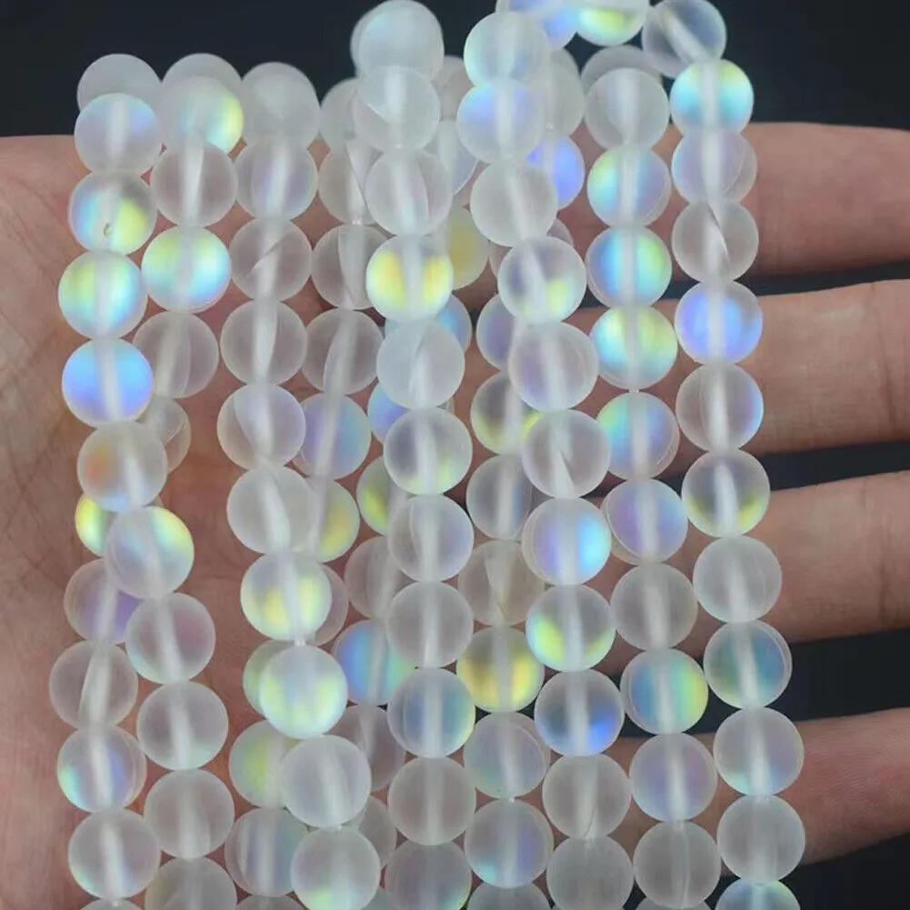US 1-2 Pc Clear Mystic Mermaid Glass Matte Round Beads 6mm 8mm 10mm 15.5" Strand