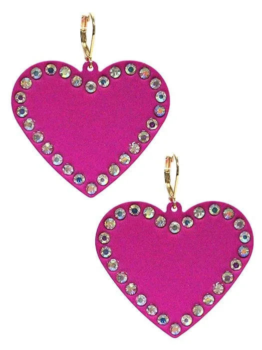 VE3535 Rhinestone Heart Dangle Earrings