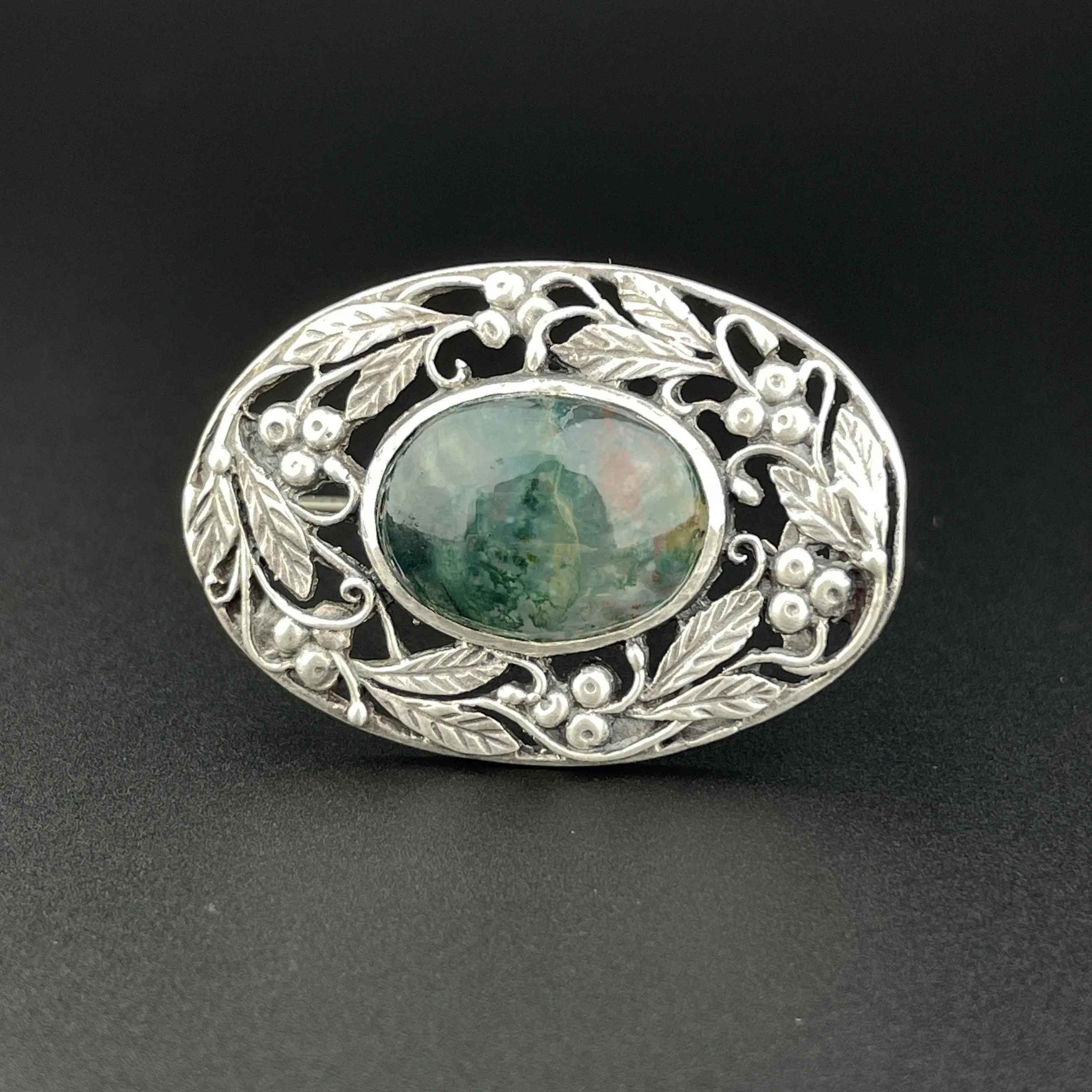 Vintage Arts and Crafts Silver Grapevine Moss Agate Brooch