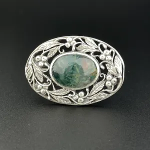 Vintage Arts and Crafts Silver Grapevine Moss Agate Brooch