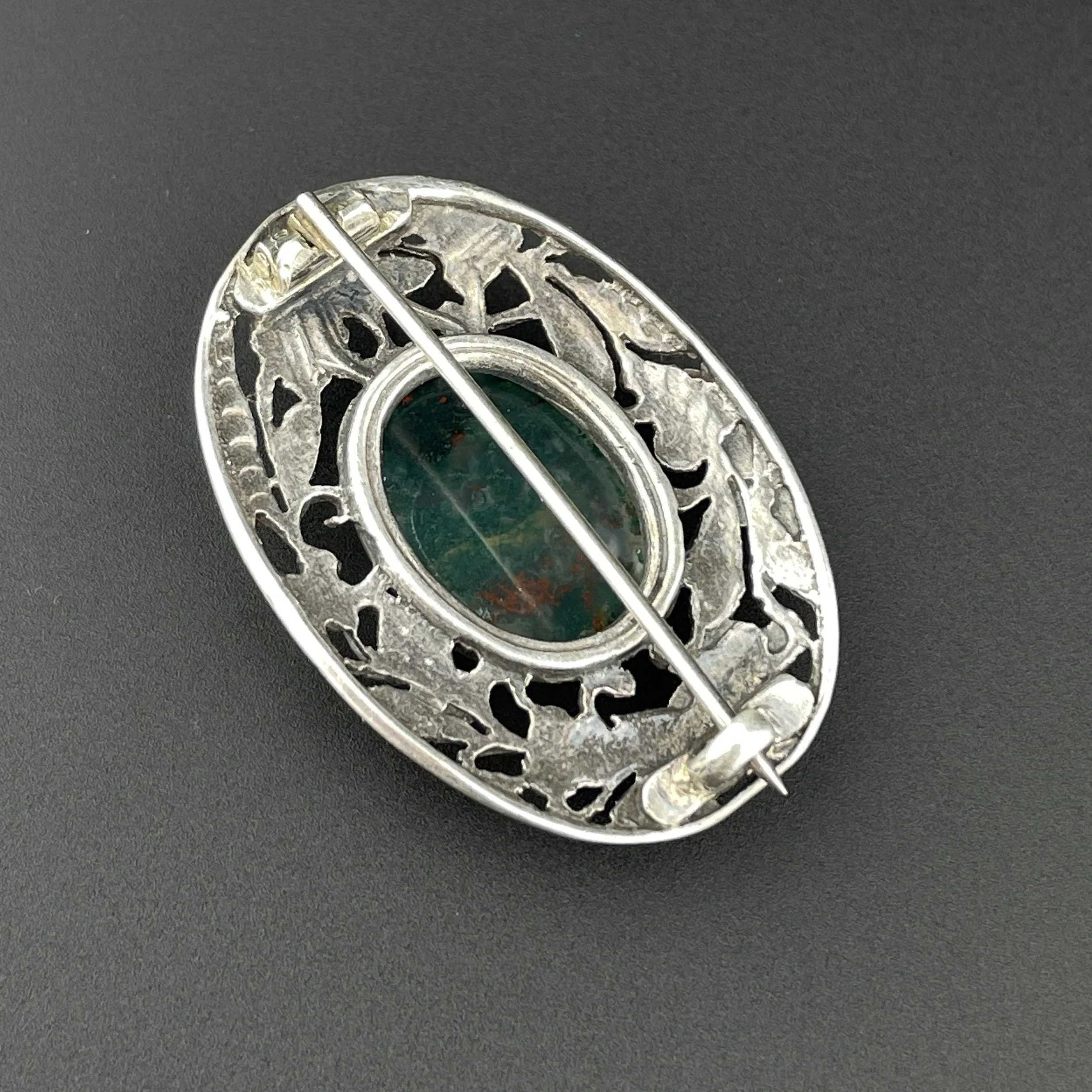 Vintage Arts and Crafts Silver Grapevine Moss Agate Brooch