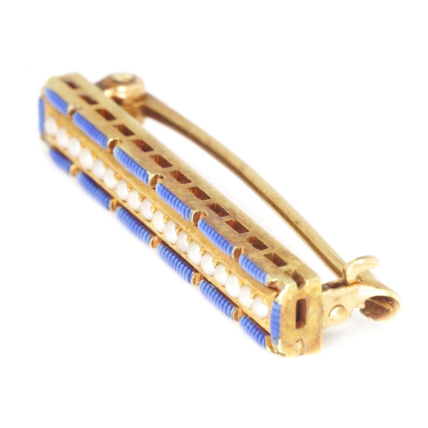 Vintage Pearl and Blue Enamel 14K Yellow Gold Brooch 11057