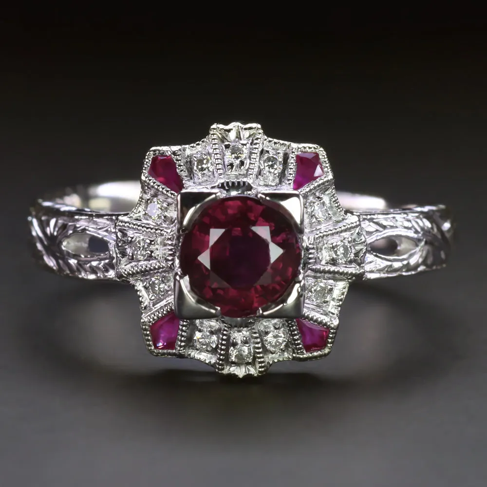 VINTAGE RUBY DIAMOND COCKTAIL RING PLATINUM HAND ENGRAVED HALO NATURAL ROUND RED