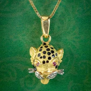 Vintage Ruby Diamond Jaguar Pendant Necklace 18ct Gold