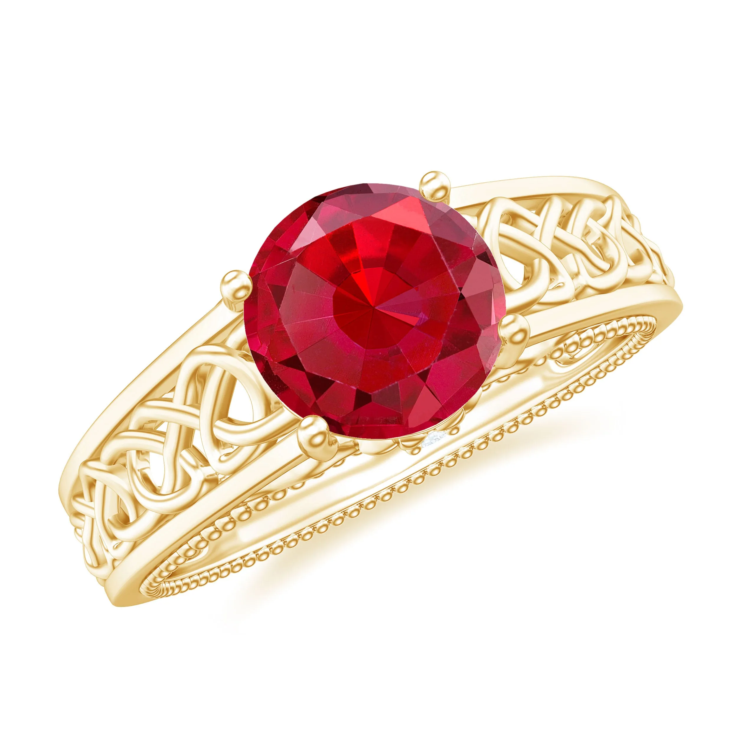 Vintage Style Created Ruby Celtic Knot Band Ring with Surprise Diamond