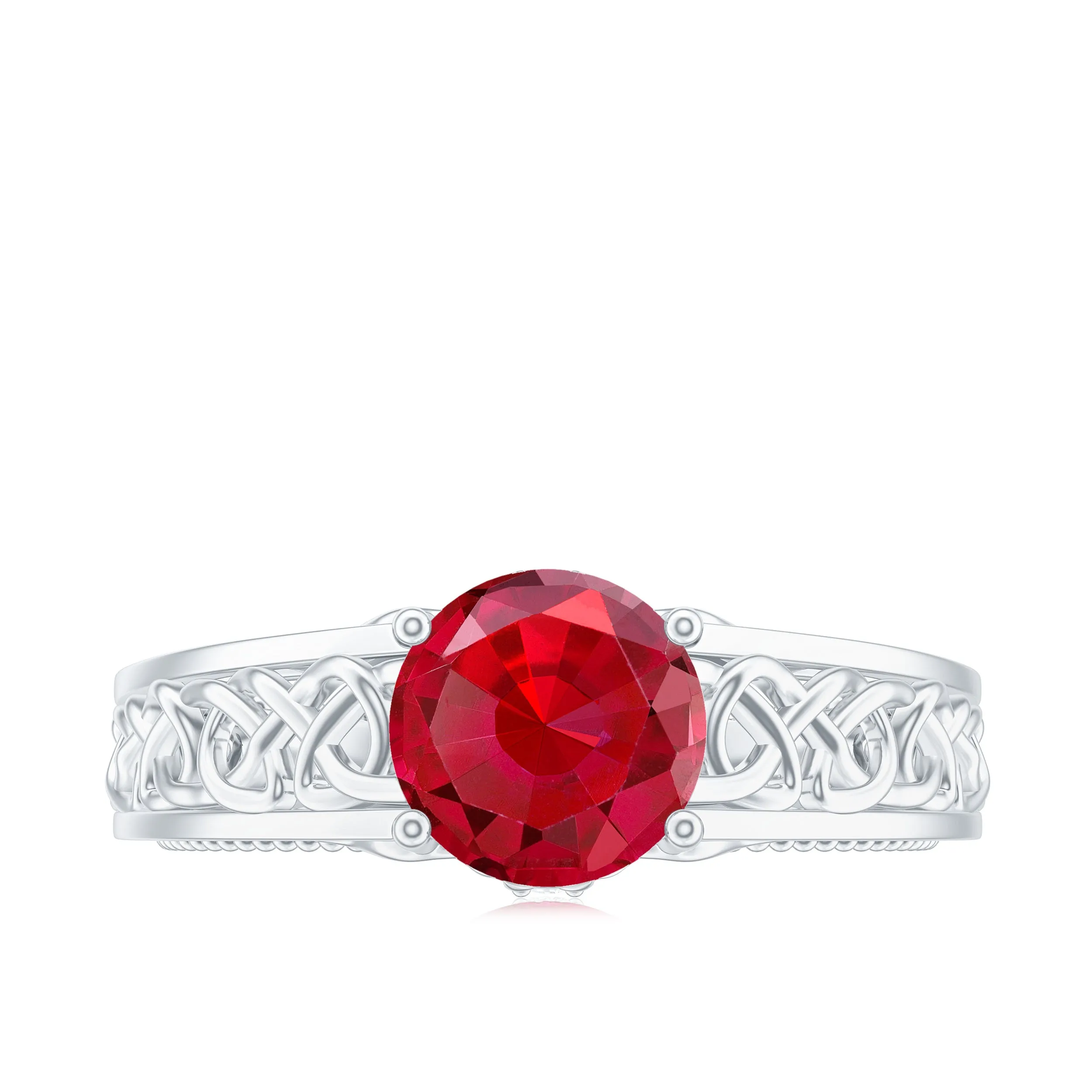 Vintage Style Created Ruby Celtic Knot Band Ring with Surprise Diamond