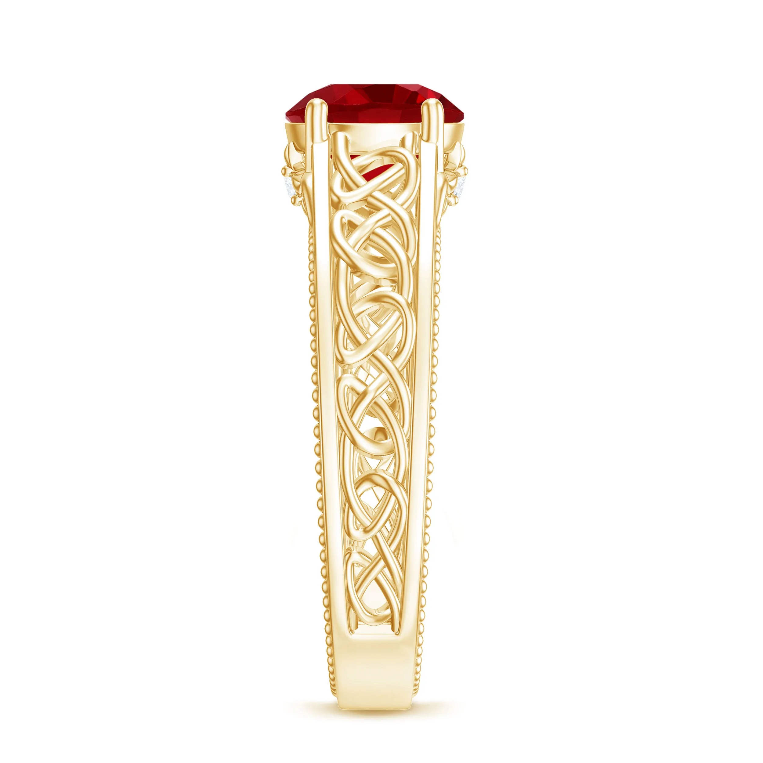 Vintage Style Created Ruby Celtic Knot Band Ring with Surprise Diamond
