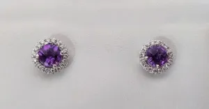 White Gold Round Checkerboard Amethyst & Diamond Halo Earrings
