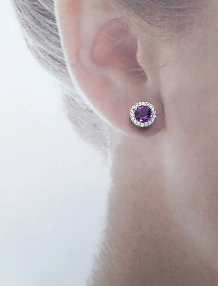 White Gold Round Checkerboard Amethyst & Diamond Halo Earrings