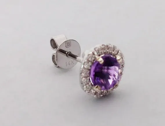 White Gold Round Checkerboard Amethyst & Diamond Halo Earrings