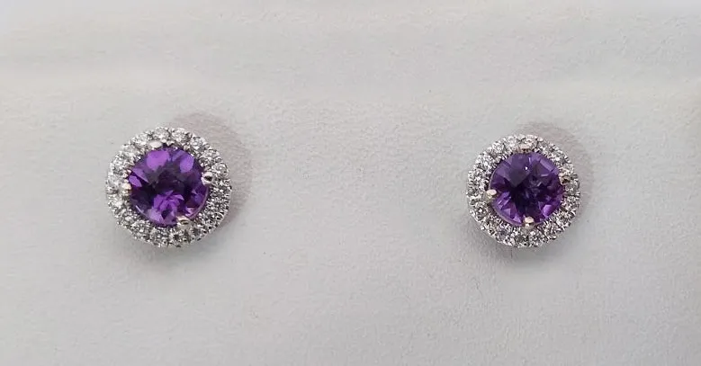 White Gold Round Checkerboard Amethyst & Diamond Halo Earrings