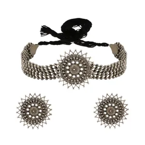 Yellow Chimes Classic German Silver Oxidised Jewellery Set Floral Crafted Traditional Choker Necklace Set for Women and Girls, medium (YCTJNS-02FLWROXD-SL)