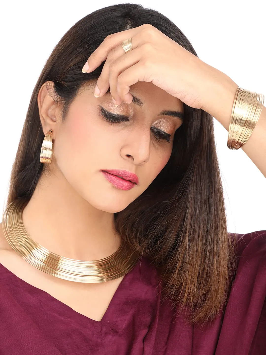 Yellow Chimes Jewellery Set for Women and Girls Fashion Golden Jewellery Set for Women | Gold Plated Multilayer String Choker Necklace Set with Ring Bracelet | Birthday Gift for girls and women Anniversary Gift for Wife