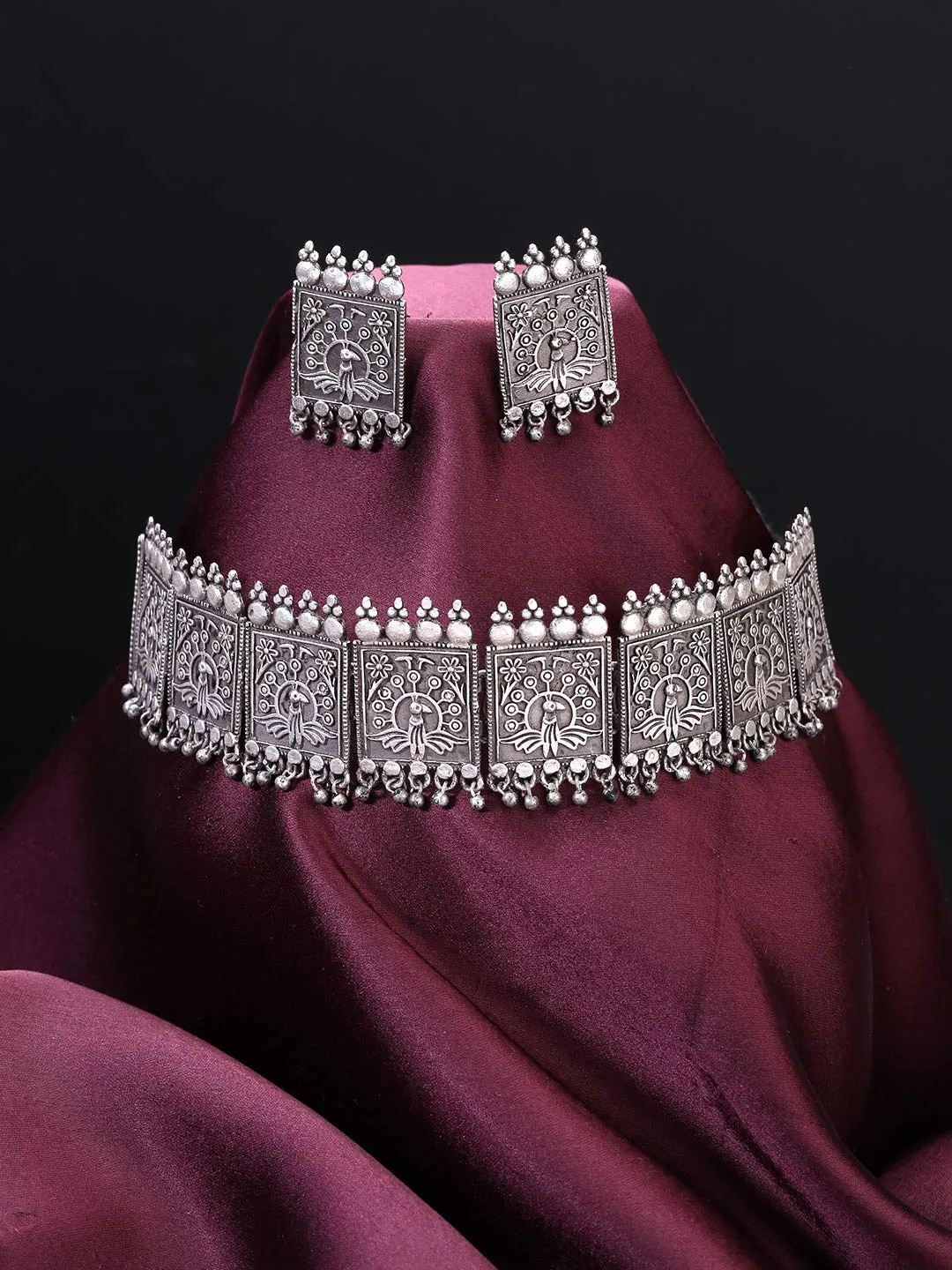 Yellow Chimes Jewellery Set for Women and Girls Traditional Silver Oxidised Jewellery Set Silver Choker Set | Silver look-alike Peacock Choker Necklace Set for Women | Birthday Gift For Girls and Women Anniversary Gift for Wife