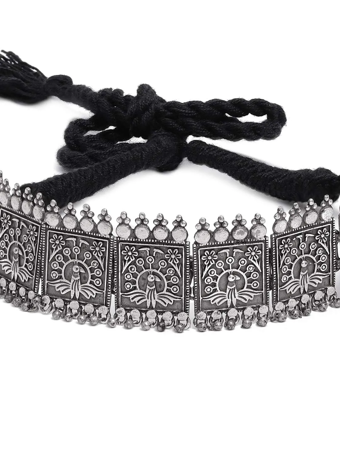 Yellow Chimes Jewellery Set for Women and Girls Traditional Silver Oxidised Jewellery Set Silver Choker Set | Silver look-alike Peacock Choker Necklace Set for Women | Birthday Gift For Girls and Women Anniversary Gift for Wife