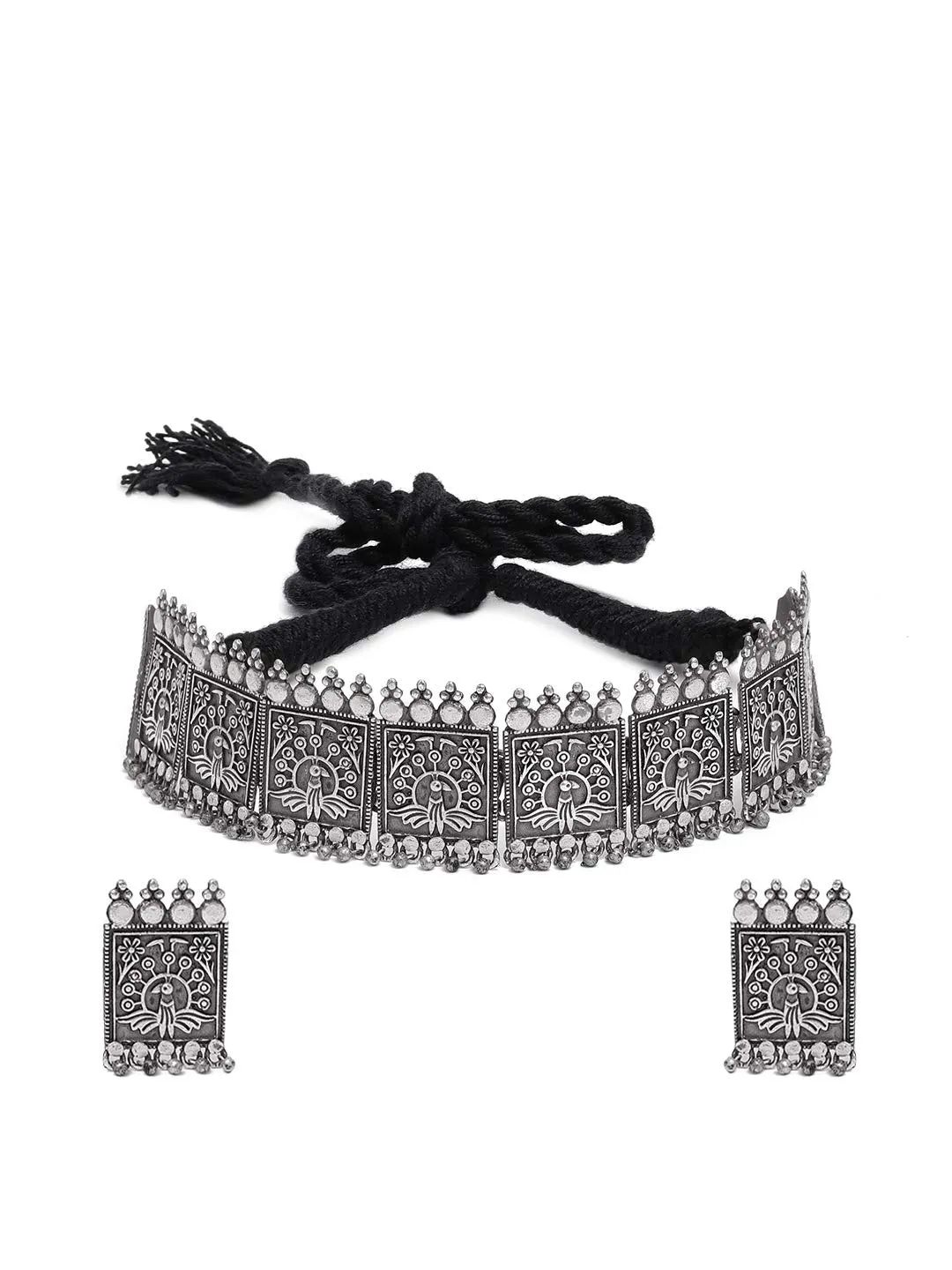 Yellow Chimes Jewellery Set for Women and Girls Traditional Silver Oxidised Jewellery Set Silver Choker Set | Silver look-alike Peacock Choker Necklace Set for Women | Birthday Gift For Girls and Women Anniversary Gift for Wife