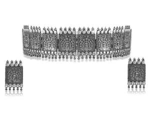 Yellow Chimes Jewellery Set for Women and Girls Traditional Silver Oxidised Jewellery Set Silver Choker Set | Silver look-alike Peacock Choker Necklace Set for Women | Birthday Gift For Girls and Women Anniversary Gift for Wife